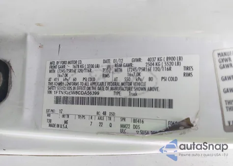 2012 Ford E-250 Commercial from USA, damaged, VIN 1FTNS2EW8CDA56399